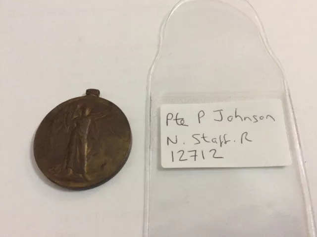 WW1 North Staffordshire Regiment Pte Johnson Victory Medal disc very faint