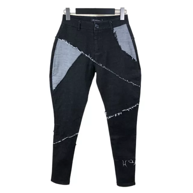 Mens Denim Baggy Pants Horse Riding Breeches Tapered Patch Trousers Casual