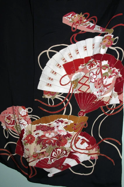 Lovely! Antique Vintage Japanese Silk Kimono Showa Taisho Tomesode w fans cranes 3