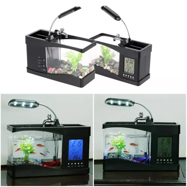 Mini Aquarium Fish Tank LED Lamp LCD Display Screen Clock For Office Home Desk