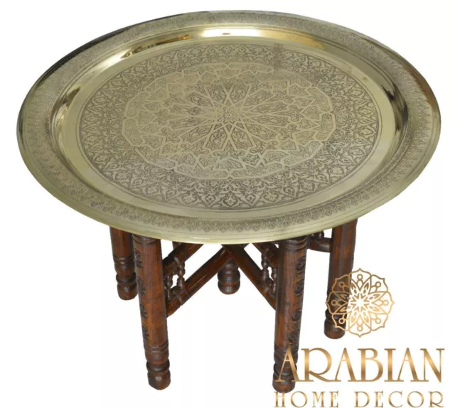 Handmade Moroccan 20" Round Brass Tray Tea Table with folding Wood Stand