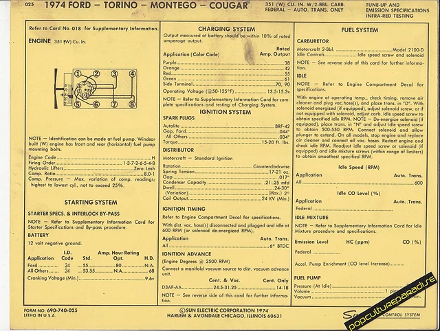 1974 FORD MERCURY TORINO MONTEGO COUGAR 351 ci 2 BBL Car SUN ELECTRIC SPEC SHEET