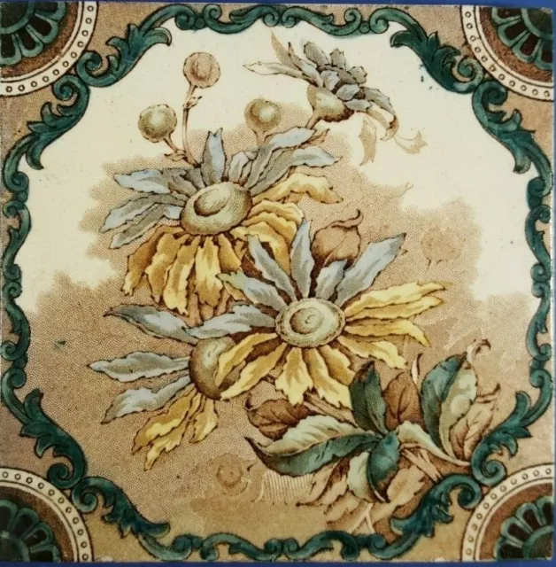 Original Vintage Victorian Ceramic Tile Classic Floral Design - 6" Square
