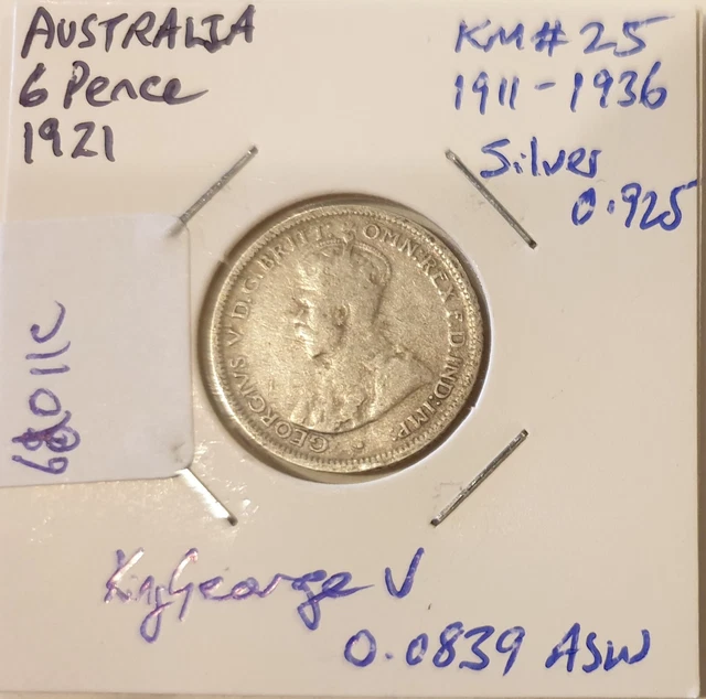 1921 Australia 6 pence KM#25 silver. King George V, Coat of Arms (A6d011C)