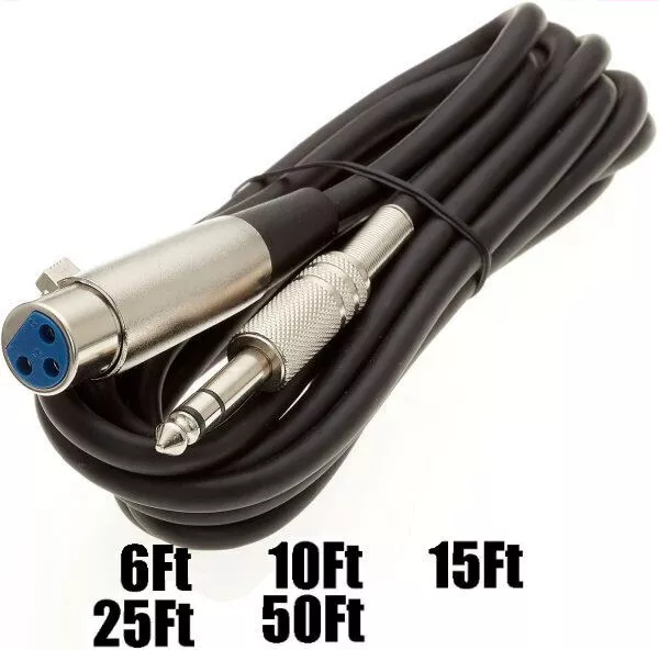 6 10 15 25 Ft XLR Shielded 3-Pin Female to 1/4" Stereo TRS Mic Microphone Cable