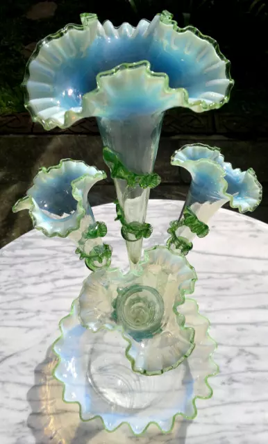 Antique Vaseline Uranium Art Glass Epergne 4 Trumpet Centerpiece 23"~ 58cms Tall