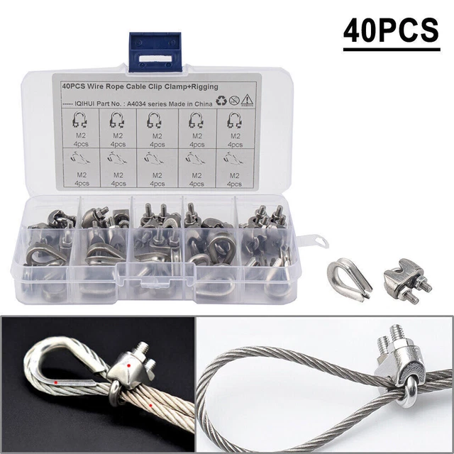 40 PCS M2 Wire Rope Fixed Clamps with Triangular Ring Anodized Stainless Steel