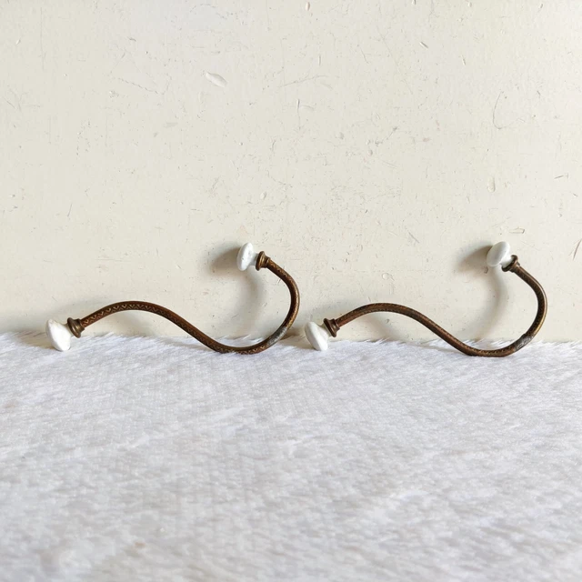 Vintage Original Old Victorian Ceramic Knobs Ornate Brass Wall Hanger Hook M320 3