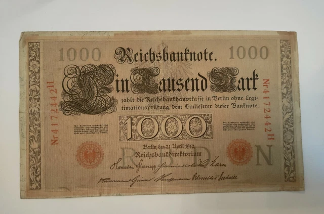 PRE WORLD WAR One 1910 Germany 1000 Mark Reichsbank Note pick 44b bank ...
