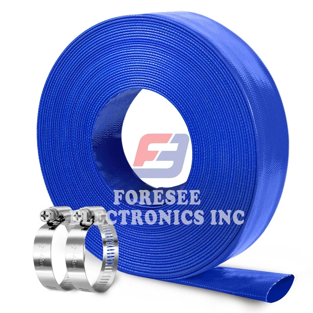 Water Discharge Hose 2.5" in x 100 FT Backwash PVC Lay-Flat Drain Clamps Blue