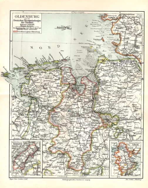 Oldenburg Deutsche Strommündungen  Nordsee Helgoland Elbe Weser LANDKARTE 1908