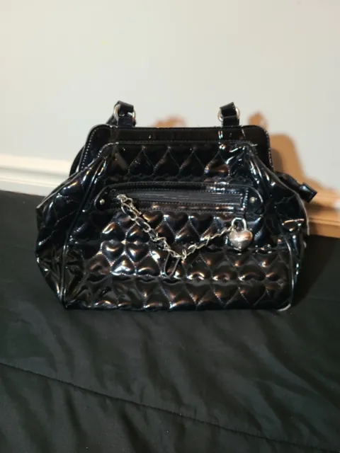 Lulu Guinness Black Patent Leather Shoulder Bag Purse Satchel Handbag Preowned