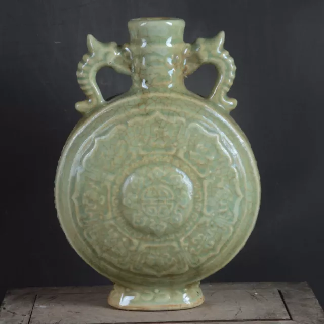 8.5 Inch Chinese Song Longquan Kiln Celadon Porcelain Dragon Shape Binaural Vase 2