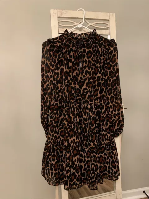 J Crew Tie-neck Tiered Dress Leopard Crinkle Chiffon Brown Black Sz S AR673