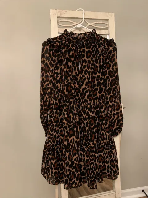 New JCrew Tie-neck Tiered Dress Leopard Crinkle Chiffon Brown Black Sz Xxs AR673