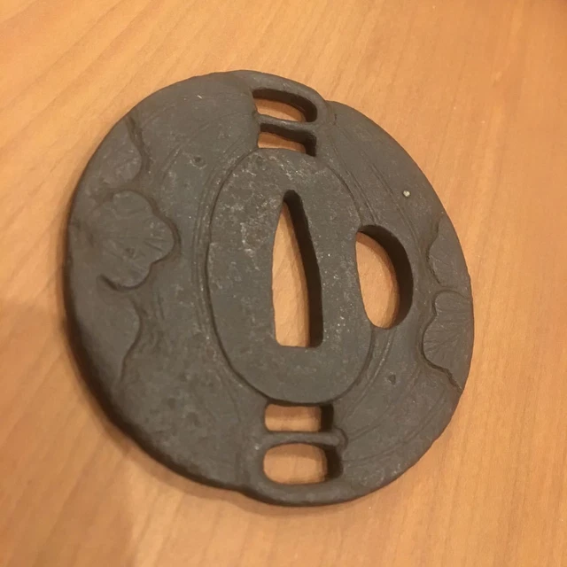 Edo Period Watermark Iron Tsuba Dot Inlay Leaf Pattern Japanese Sword Armor Knif