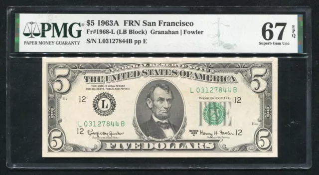 Fr 1968-L 1963-A $5 Frn Federal Reserve Note San Francisco, Ca Pmg Gem Unc-67Epq