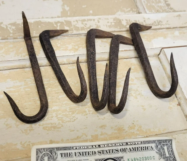 5 Antique Old Barn Beam HOOKS Meat Game vtg Lot Forged Wrought Iron Blacksmith