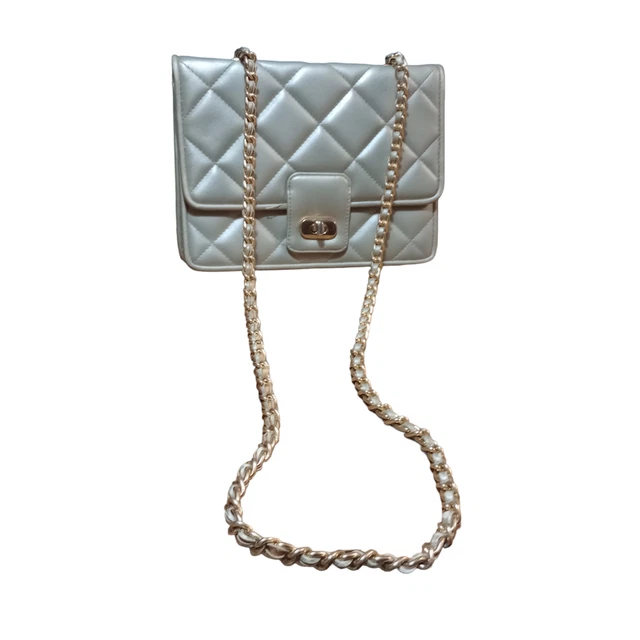 Vintage Giani Bernini Quilted Faux Leather Chain Strap Handbag Flap Purse Gray