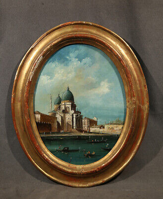 Great 19 th Century Italian Oval Painting Canal Scene Francesco Guardi Style