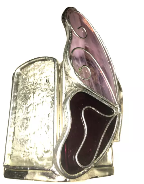 Stained Glass Candle Votive Purple Butterfly, Silvertone Metallic, 5" Tall