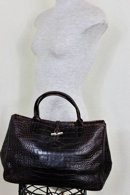 Vintage LONGCHAMP Croc Embossed Roseau Brown Leather Tote Bag France 23