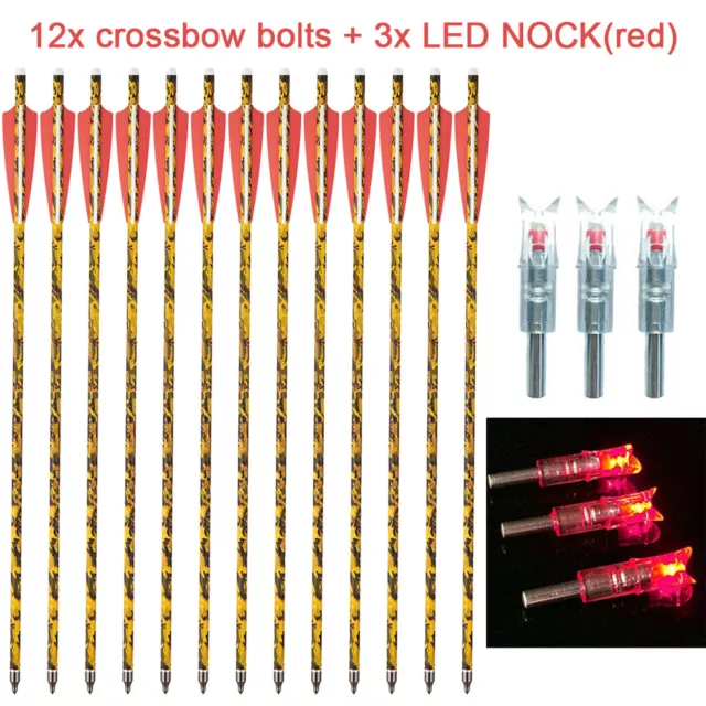 12Pc 20" Carbon Crossbow Bolts Arrows & 3Pc LED Lighted Nock Night Hunting Shoot