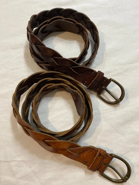 Lot of 2 Hollister Brown Leather Braided 1" Wide Skinny Belts Size XS/S 41" Long