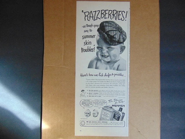 1946 MENNEN BABY POWDER Tough Baby Says RAZZBERRIES! vintage print ad