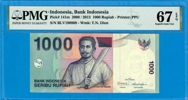 INDONESIA-1000 RUPIAH-2000/2013-S/N 190808-PICK 141m *PMG 67 EPQ SUPERB GEM UNC*