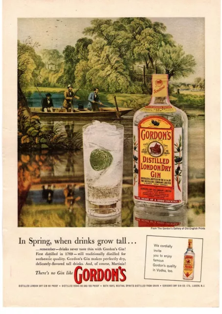 1959 Gordon's Distilled London Dry Gin Martini Fishing Net Old English Print Ad