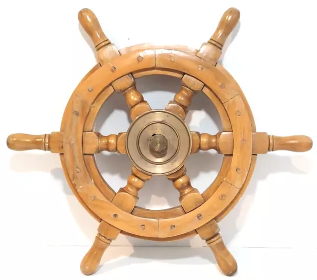Vintage 14” Oak Boat Ship's Steering Wheel 6 Wooden Spokes Brass Nautical Marine