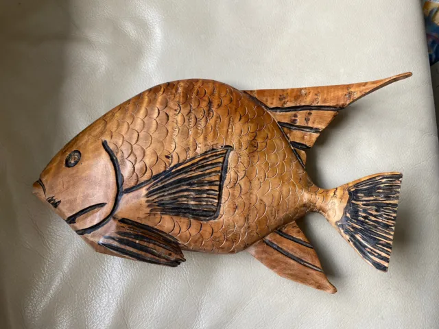 Vintage Hand Carved Wood Carving Fish Art Sculpture 13” tiki bar decor