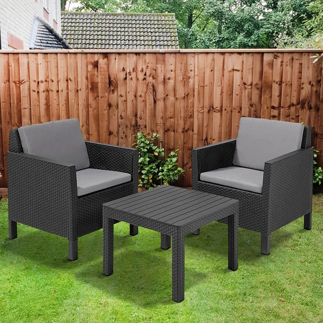 Keter 3 Piece Patio Rattan Balcony 2 Seat Bistro Set Garden Chair Table Outdoor