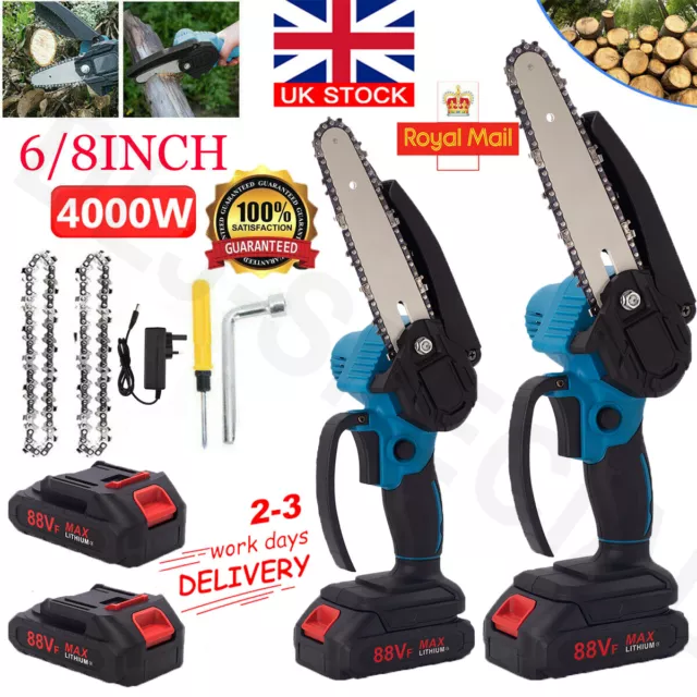 2 Batteries 6/8 Inch Mini Cordless Chainsaw Electric One-Hand Saw Wood Cutter UK