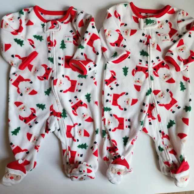 Lot Of 2 Carters Baby Boy 3m Christmas Fleece Footed Zip Up Bodysuits Santa