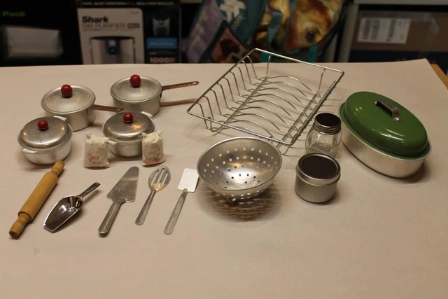 Set of 17 Vintage Tin Mini Cooking Items Pots Pans Utensils and More NEW #21 =