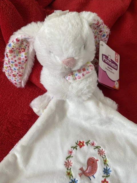 🇫🇷Doudou Lapin Blanc Mouchoir Brodé Oiseau Rose Fleur Liberty POMMETTE NEUF 2