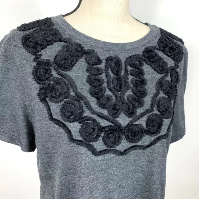 TopShop Crop Top Womens 10 Knit Boho Gray w/Black Applique Short Sleeve 3