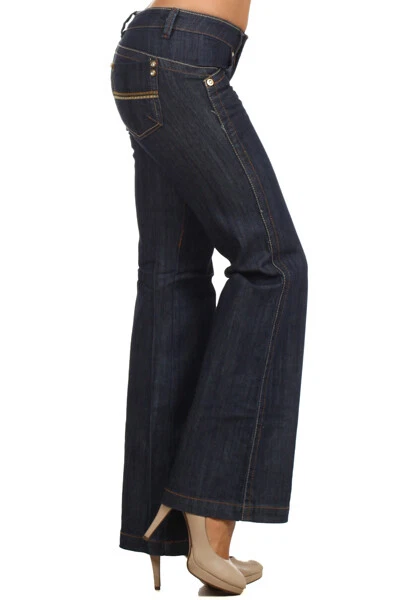 New Watch LA Clash Denim Bell Bottom Mid Rise Dark Blue Wide Leg Jeans