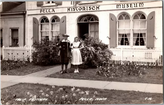 RPPC Town Crier, Dutch Girl in Costume Tulip Festival Pella IA Vtg Postcard B71