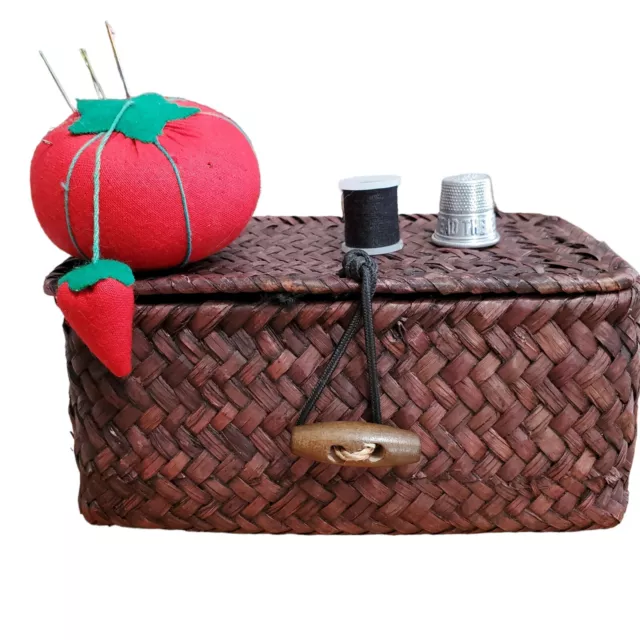 Vintage Sewing Basket Woven Grass Vintage Filled with Sewing Accessories