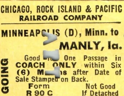 c1960s Chicago Rock Island & Pacific Railway Ticket Manly, IA to Minneapolis C39