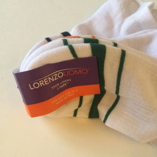 Lorenzo Uomo Mens 3-Pack Cotton Blend Liner Socks White With Multi Stripe Os Nwt 3