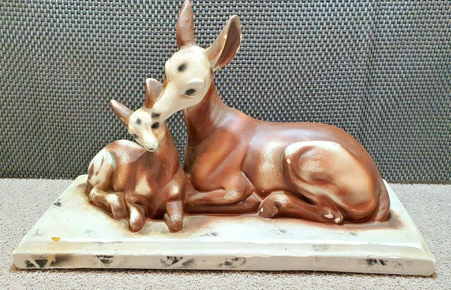 Statue Plâtre Biche Et Faon Sur Socle – Vintage Années 40 – Décoration Ancienne