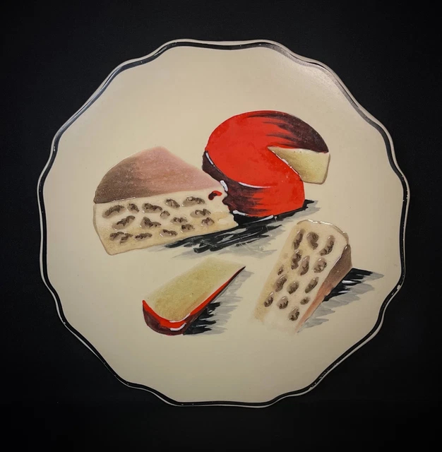 Ancien Plateau à Fromage Longwy – Décor Caraïbes Bateau Palmiers – Faïence Noire