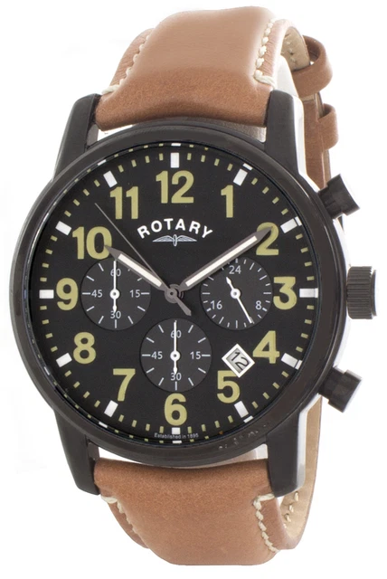 Rotary Uomo Quadrante Nero Cinturino IN Pelle Marrone Orologio Cronografo