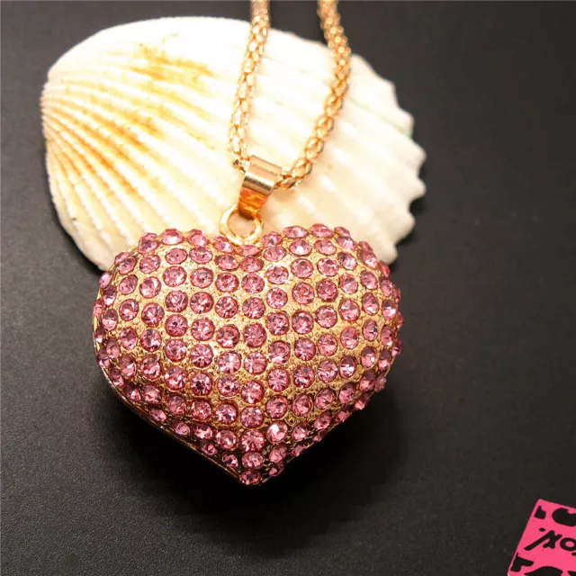 New Pink Rhinestone Cute Heart Bling Crystal Pendant Betsey Johnson Necklace