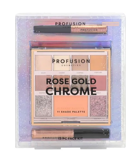 Profusion 13pcs Face Kit ROSE GOLD or SILVER CHROME 11 Shades+ Lip & Eye Liners