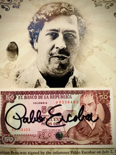 Pablo Escobar Autographed Signed Colombian Pesos With COA and Notarized & Framed